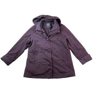 ST JOHNS BAY PURPLE HOODED WINDBREAKER JACKET WOMEN L BUTTON FRONT CASUAL